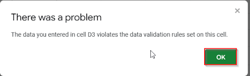pop-up message to show problem