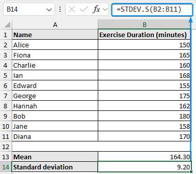 Using STDEV.S function to calculate the sample standard deviation