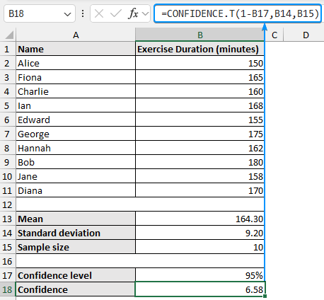 Setting a confidence level and calculating confidence value with CONFIDENCE.T function