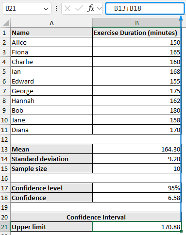 Calculating upper limit of confidence interval in Excel