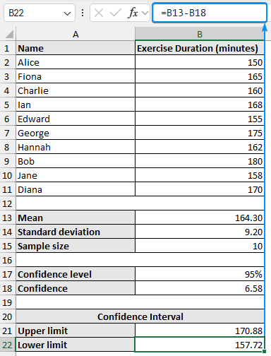 Calculating lower limit of confidence interval in Excel