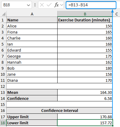 Lower limit of confidence in Excel