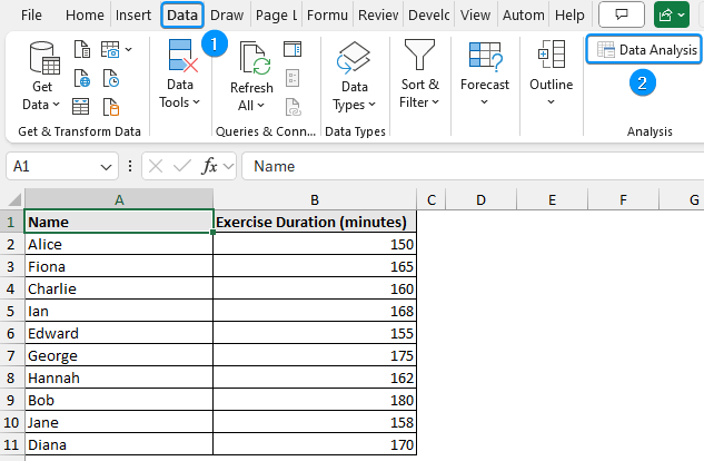 Data Analysis option in the Data tab