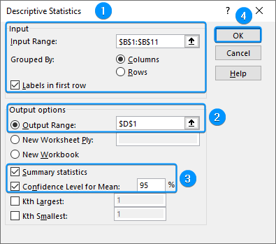Inputs to calculate confidence interval in excel