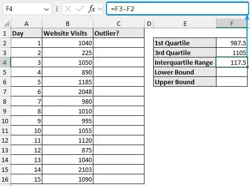 Interquartile range to calculate outlier in Excel 