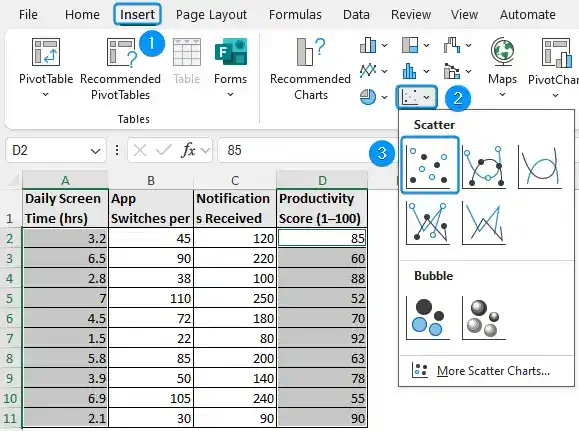Choosing scatter chart in the Insert tab