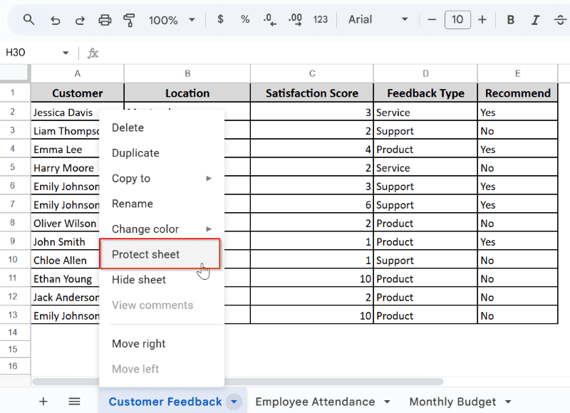Use the Protect Sheet Feature