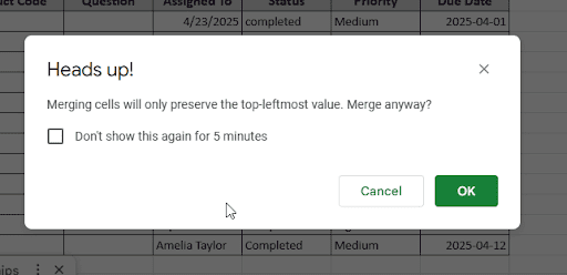 confirmation message to merge cells