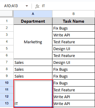 showing merged rows A10 to A13