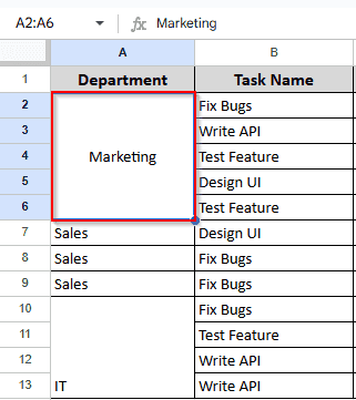 selecting cells A2 to A6