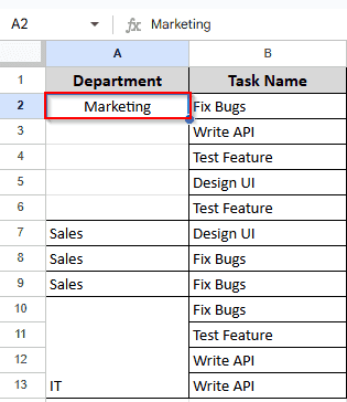 showing the result in A2 that all the cells are unmerged