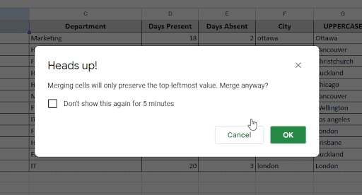 merging message to preserve the top leftmost value