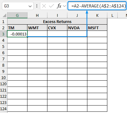 Calculating excess return