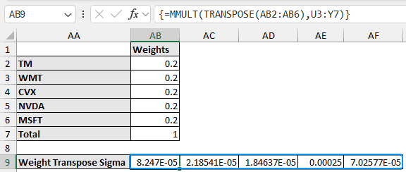 Weight transpose sigma matrix of minimum variance portfolio in excel