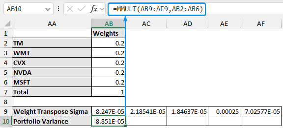 Calculating portfolio variance for minimum variance portfolio excel