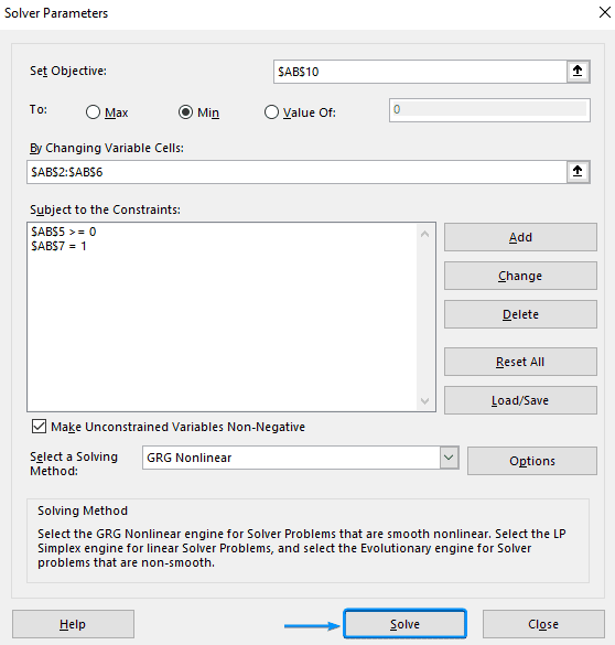 Solving for minimum variance portfolio excel