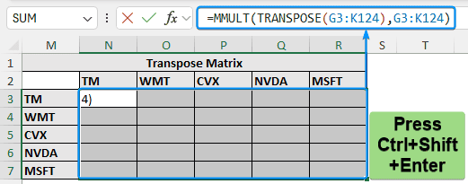 Creating transpose matrix for minimum variance portfolio in Excel with MMULT and TRANSPOSE function