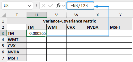 Making variance-covariance matrix for minimum variance portfolio in Excel