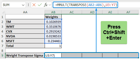 Multiplying transpose of the weights with the variance-covariance matrix
