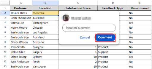 clicking comment option