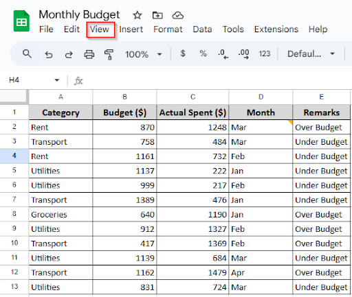 clicking on view option
