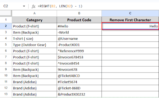 showing result in cell C2 after removing first character