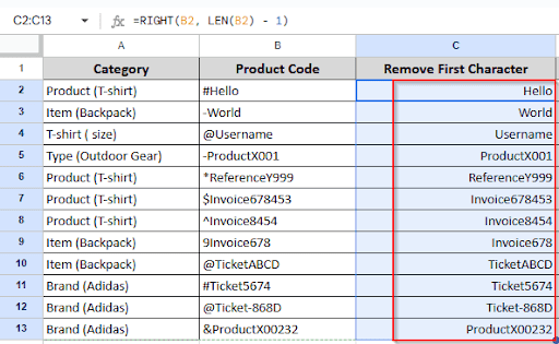 dragging to remove first character from other cells