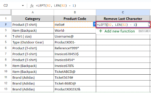 writing formula in cell C2 to remove last character