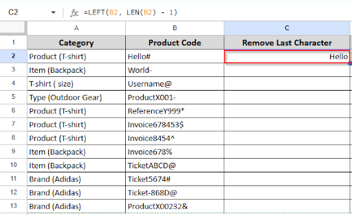 showing result in cell C2 after removing last character