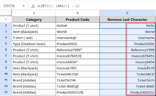 dragging to remove last characters from other cells