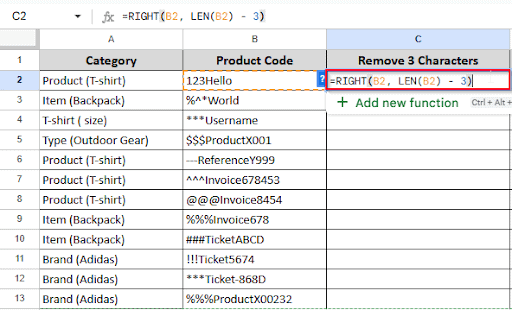 writing formula in cell C2 to remove first 3 characters