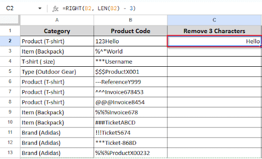 showing result in cell C2 after removing first 3 characters