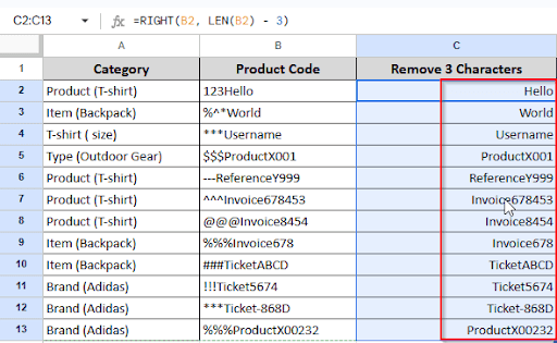 dragging to remove first 3 characters from other cells