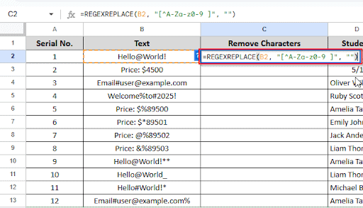 writing formula in cell C2 to remove special character