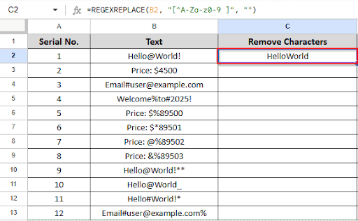 showing the result in C2 after removing special characters