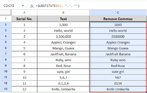dragging to remove commas in other cells