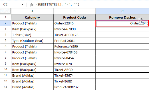 showing result in cell C2 after removing dashes from string
