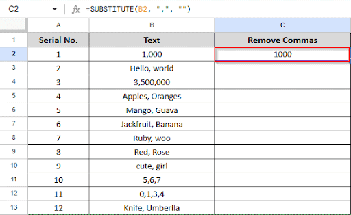 showing result in C2 after removing comma