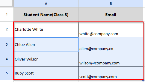 student name and email original data without shifting any cell