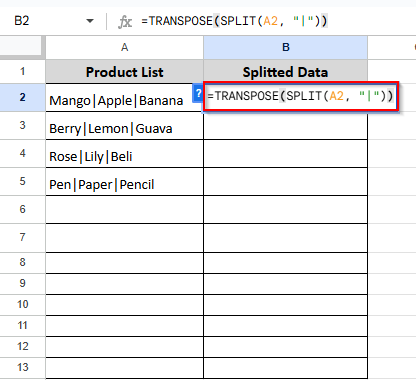 writing formula on cell B2