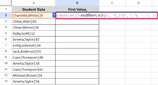 writing formula on cell B2 to get first value