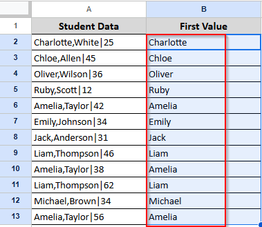 dragging to get the first value of all student data