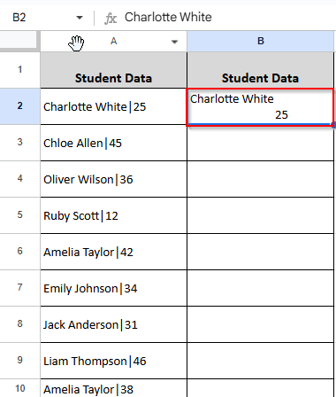 writing name and age diagonally in cell B2