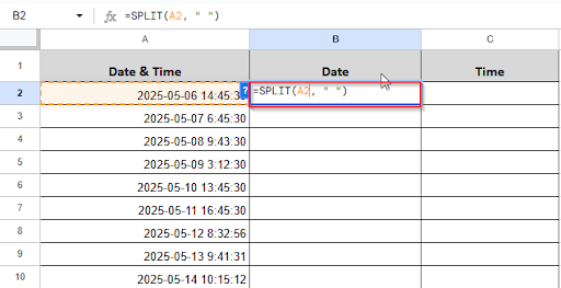 writing formula in cell B2 to separate date and time