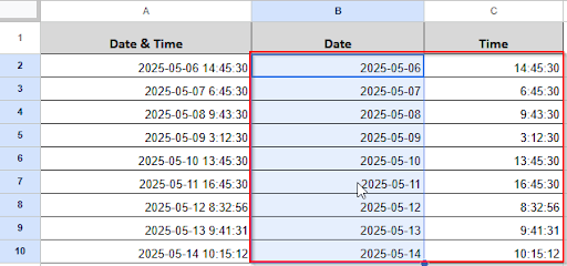 dragging to separate other cells date and time