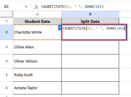writing formula in cell B2 to split cell in half