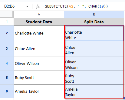 dragging the formula to split other cells in half