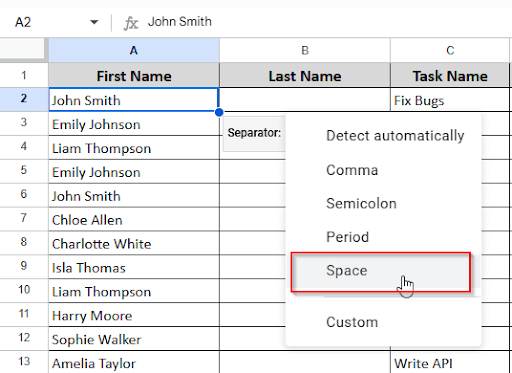 choosing space separator