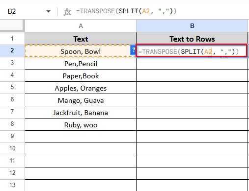 writing formula on cell B2