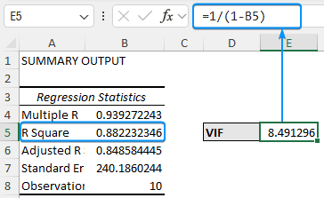 Calculating variance inflation factor in Excel
